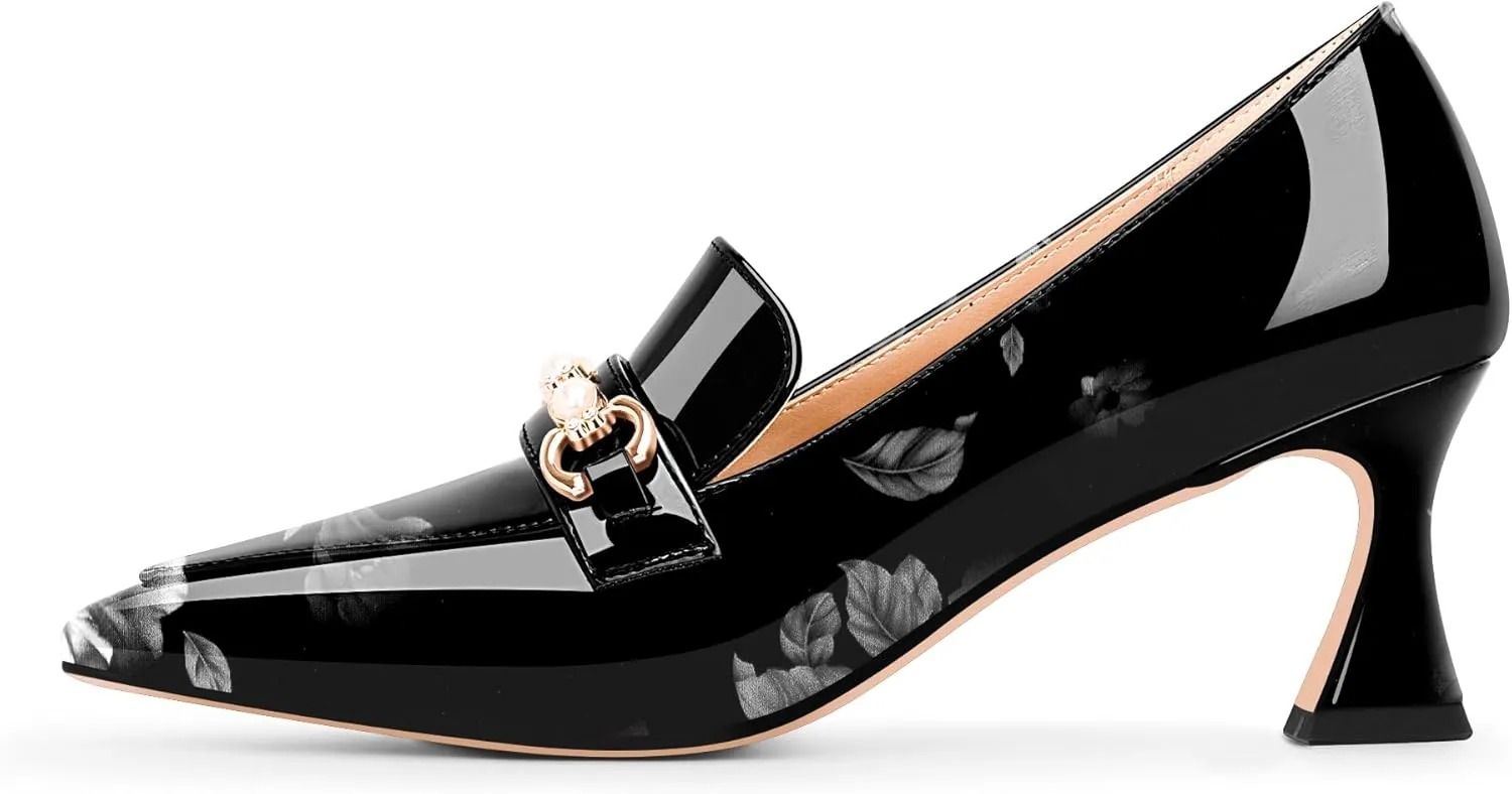 100FIXEO Women's High Heel Closed Pointed Toe Slip On Loafers Pearl Rhinestone Office Pumps Dress Shoes