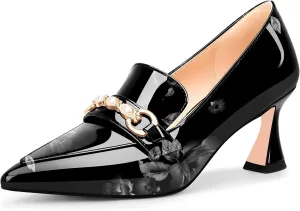 100FIXEO Women's High Heel Closed Pointed Toe Slip On Loafers Pearl Rhinestone Office Pumps Dress Shoes