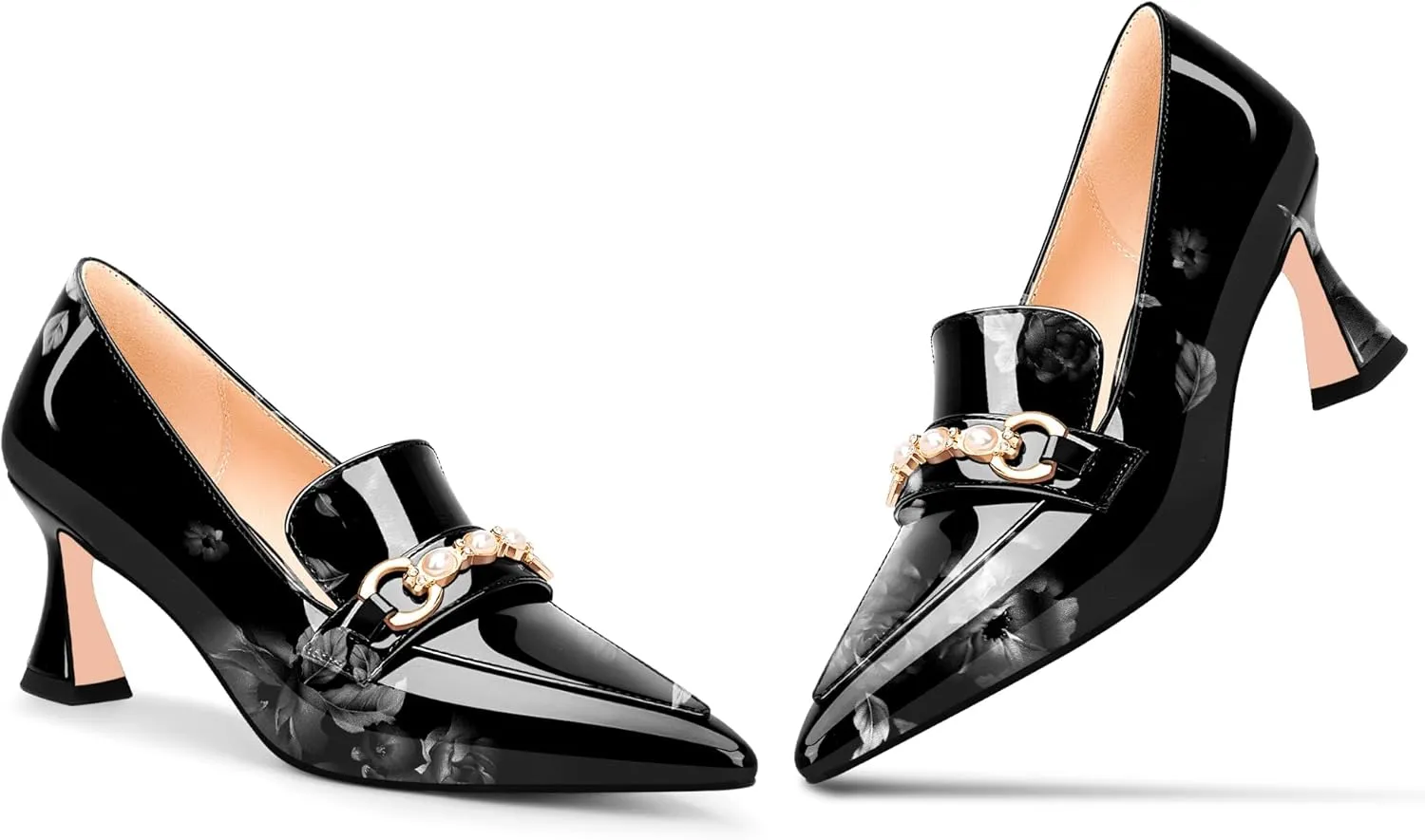 100FIXEO Women's High Heel Closed Pointed Toe Slip On Loafers Pearl Rhinestone Office Pumps Dress Shoes