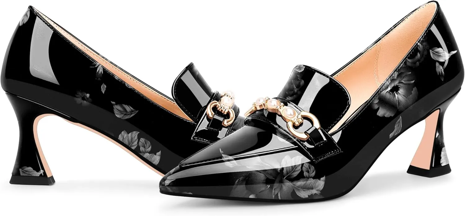 100FIXEO Women's High Heel Closed Pointed Toe Slip On Loafers Pearl Rhinestone Office Pumps Dress Shoes