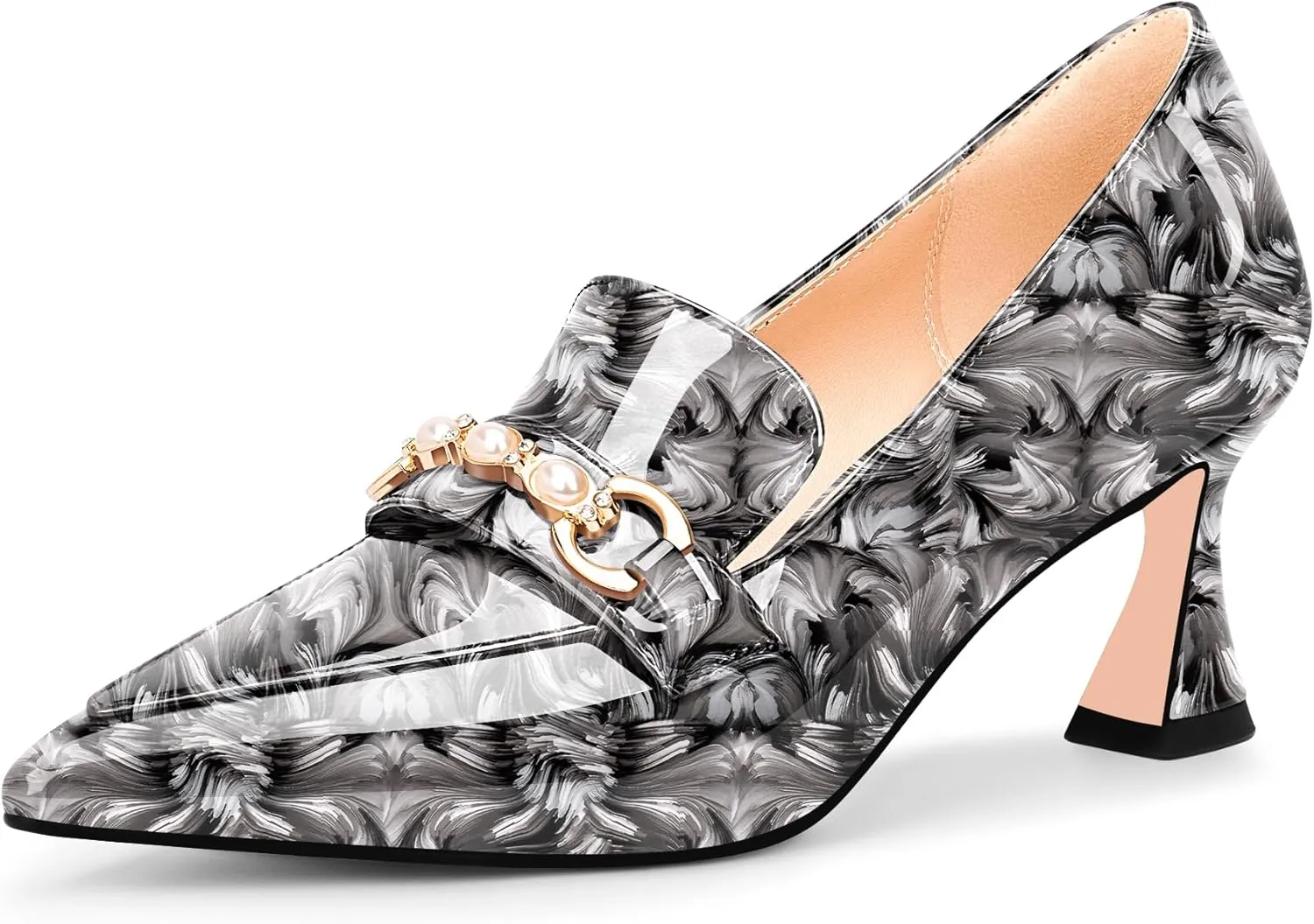 100FIXEO Women's High Heel Closed Pointed Toe Slip On Loafers Pearl Rhinestone Office Pumps Dress Shoes