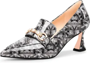 100FIXEO Women's High Heel Closed Pointed Toe Slip On Loafers Pearl Rhinestone Office Pumps Dress Shoes