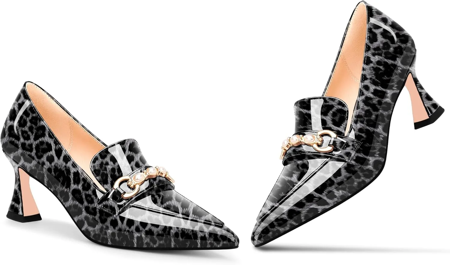 100FIXEO Women's High Heel Closed Pointed Toe Slip On Loafers Pearl Rhinestone Office Pumps Dress Shoes