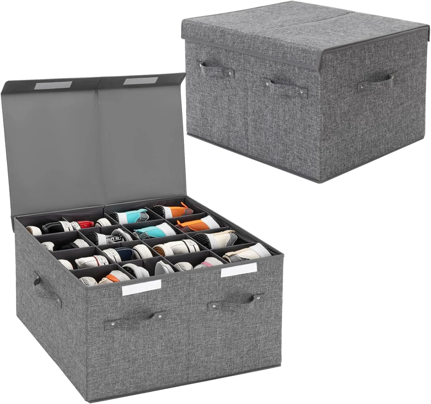 2 Pack Shoe Storage Box Fits 32 Pairs, Large Shoe Organizer Bins Containers with Lid and Adjustable Dividers for Shoes, Sneakers and High Heeled, Hard Shell and Stackable (Grey)