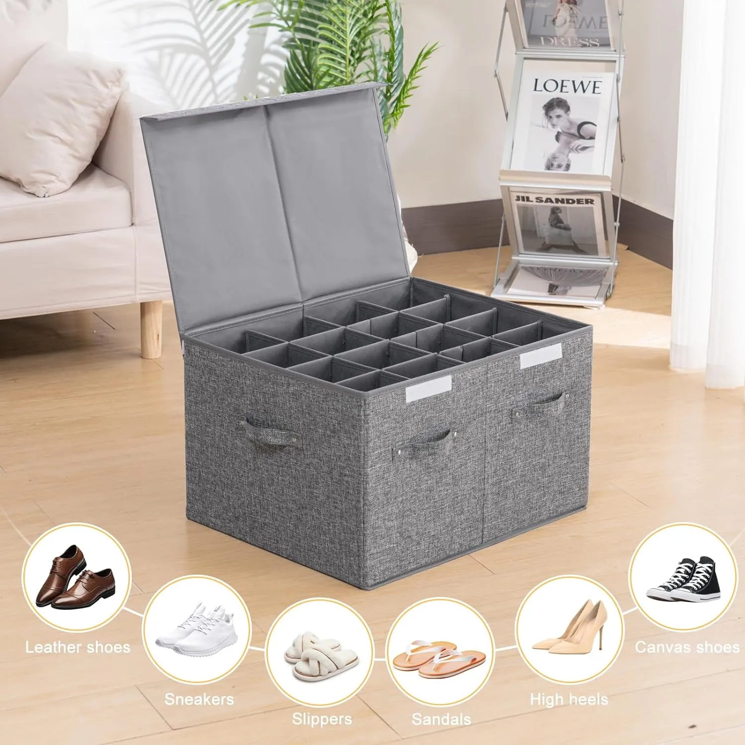 2 Pack Shoe Storage Box Fits 32 Pairs, Large Shoe Organizer Bins Containers with Lid and Adjustable Dividers for Shoes, Sneakers and High Heeled, Hard Shell and Stackable (Grey)
