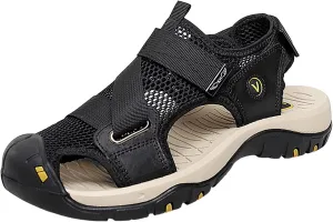 2023 New Andals Men's Breathable Sports Outdoor Beach Shoes Slip Hollow Cowhide Men's Shoes Slides Wide Feet (Black, 9)