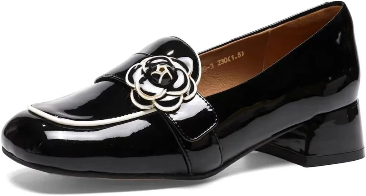 2025 New Women's Leather Loafers with Metal Buckles Commute Friendly Waterproof Chunky Block Heels Rounded Toe Shoes for Comfort and Elegance
