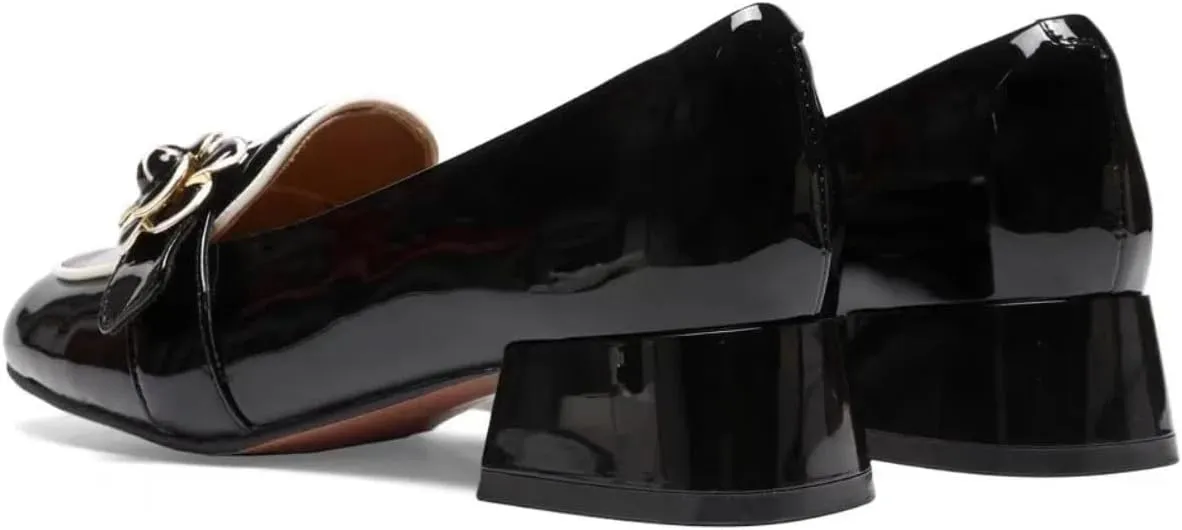 2025 New Women's Leather Loafers with Metal Buckles Commute Friendly Waterproof Chunky Block Heels Rounded Toe Shoes for Comfort and Elegance