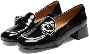 2025 New Women's Leather Loafers with Metal Buckles Commute Friendly Waterproof Chunky Block Heels Rounded Toe Shoes for Comfort and Elegance