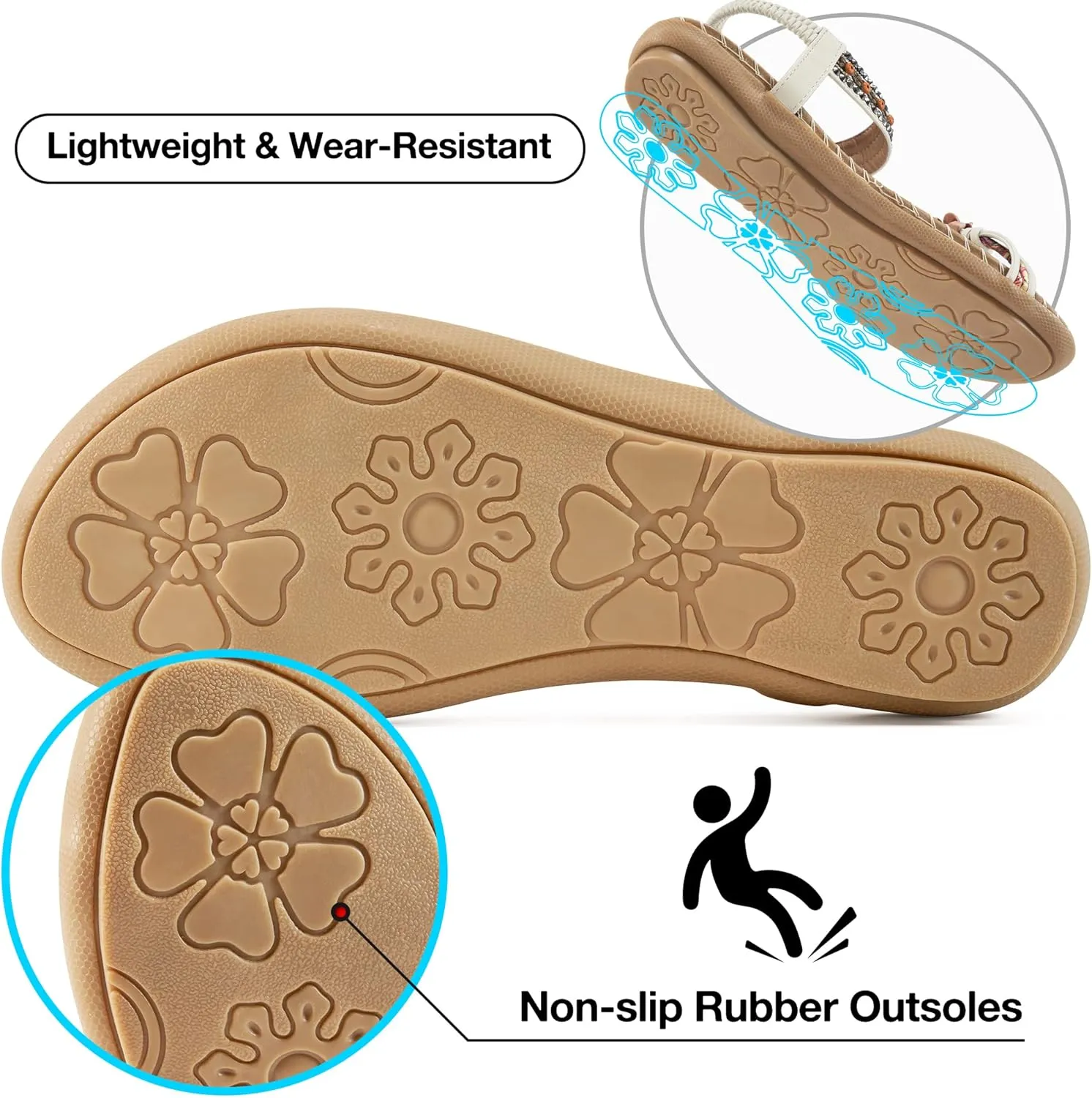 Ablanczoom Womens Sandals Flats Shoes: Comfortable Bohemian Beaded Dressy Summer Flat Casual Ankle Strap Elastic Slip on Beach Sandal