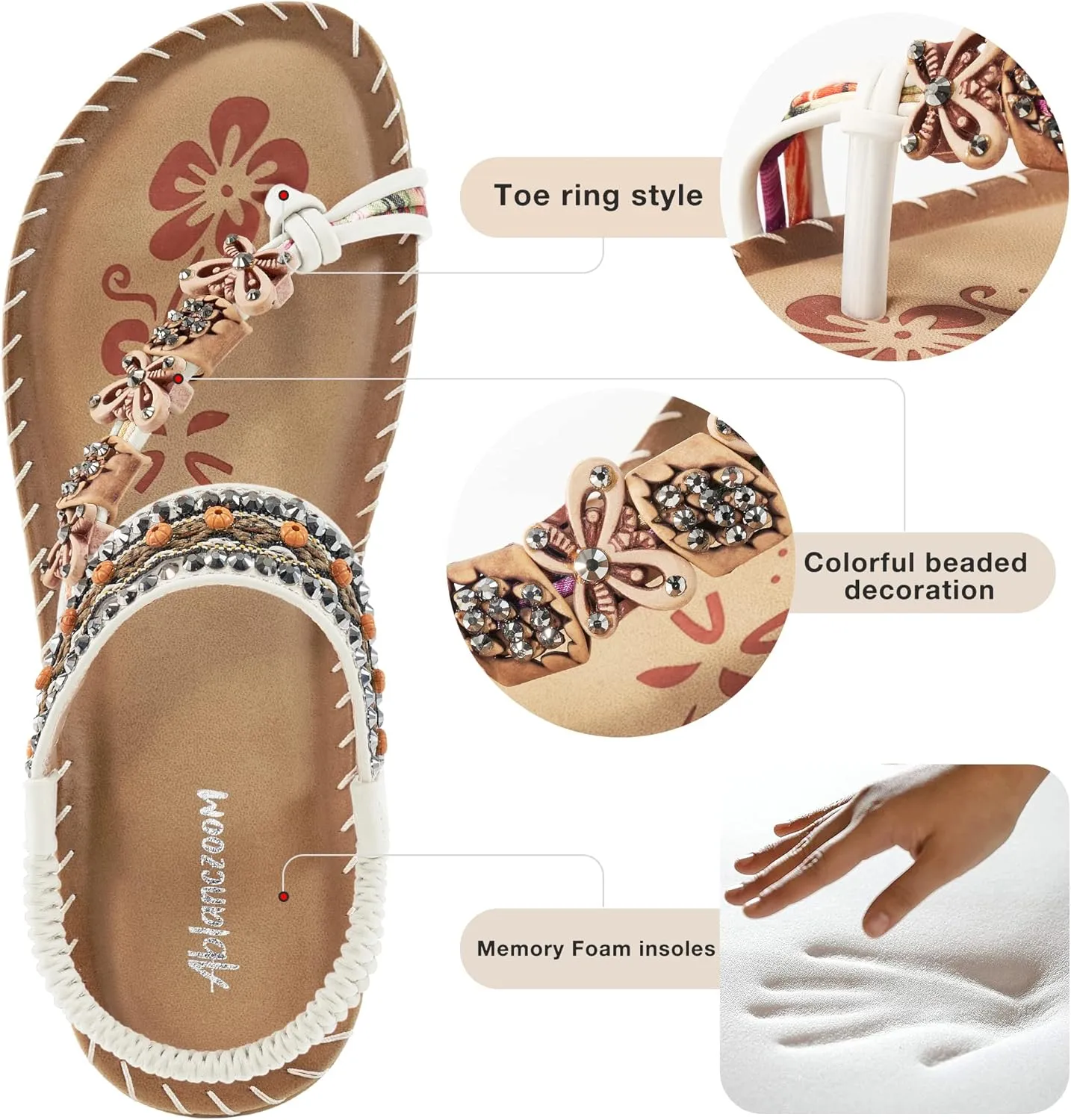 Ablanczoom Womens Sandals Flats Shoes: Comfortable Bohemian Beaded Dressy Summer Flat Casual Ankle Strap Elastic Slip on Beach Sandal