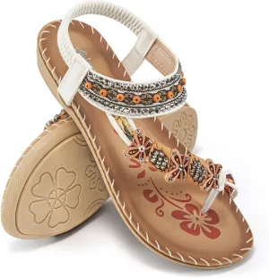 Ablanczoom Womens Sandals Flats Shoes: Comfortable Bohemian Beaded Dressy Summer Flat Casual Ankle Strap Elastic Slip on Beach Sandal