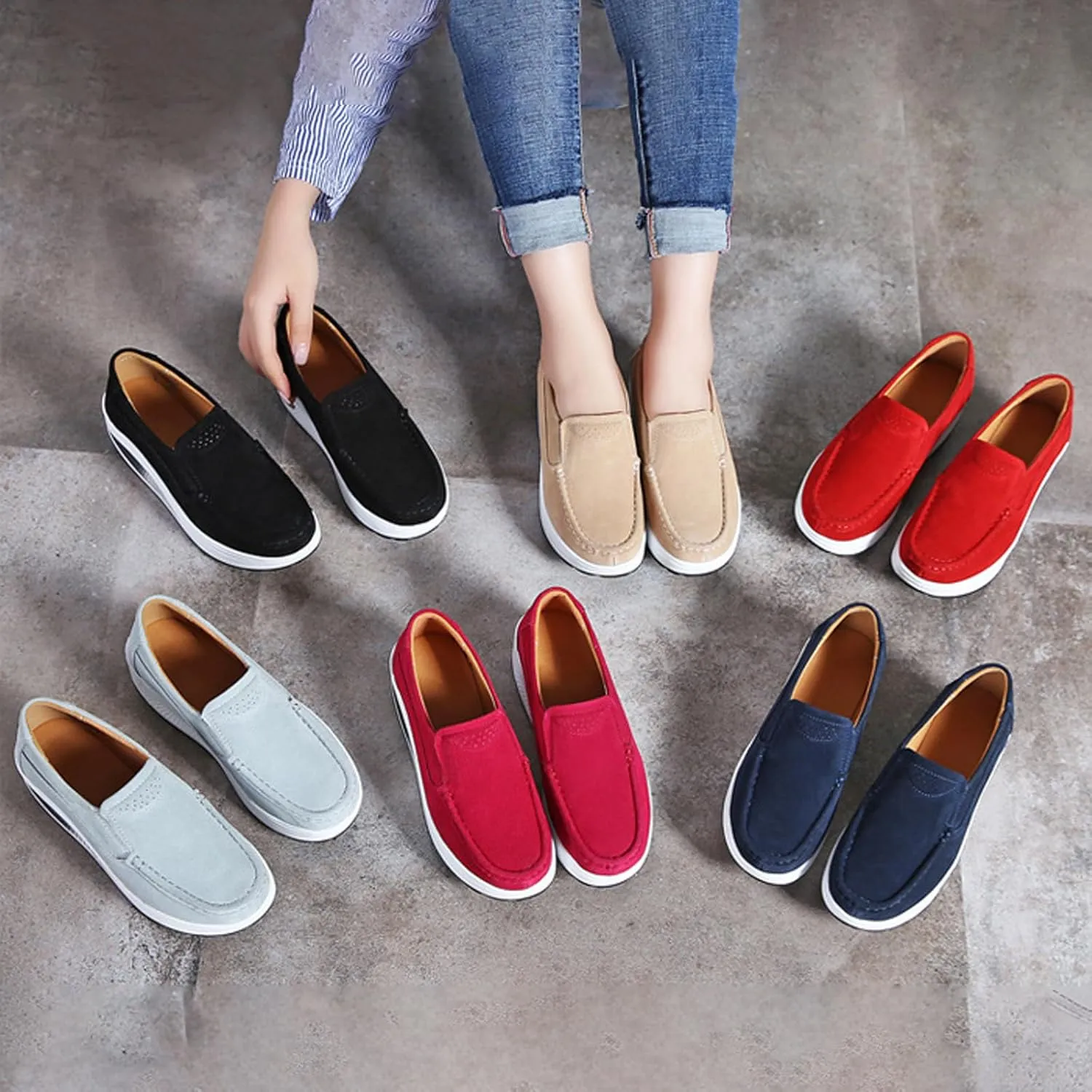 Aceptolcom Women's Red Suede Platform Wedge Loafers, Casual Comfort Good Arch Support Slip On Shoes, Size 4.5-9.5