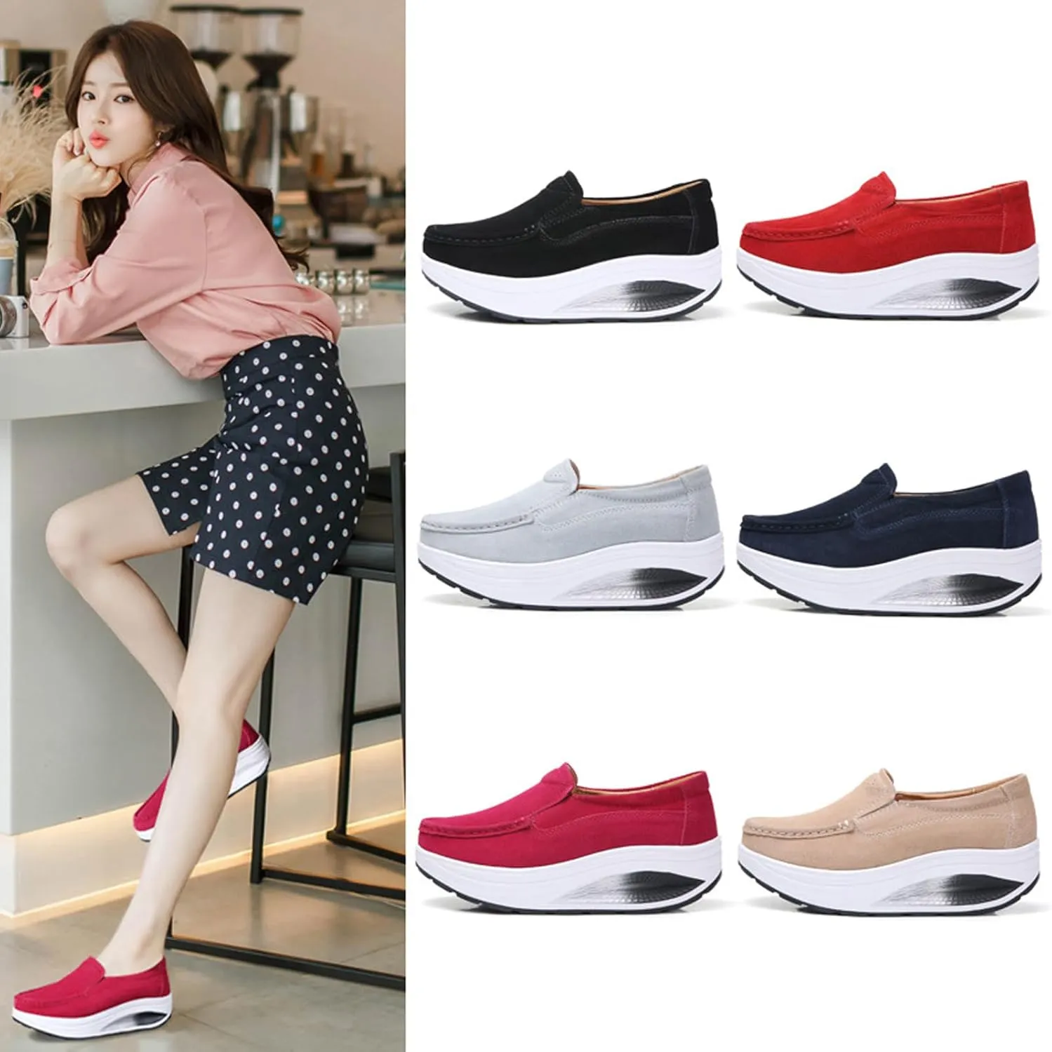 Aceptolcom Women's Red Suede Platform Wedge Loafers, Casual Comfort Good Arch Support Slip On Shoes, Size 4.5-9.5