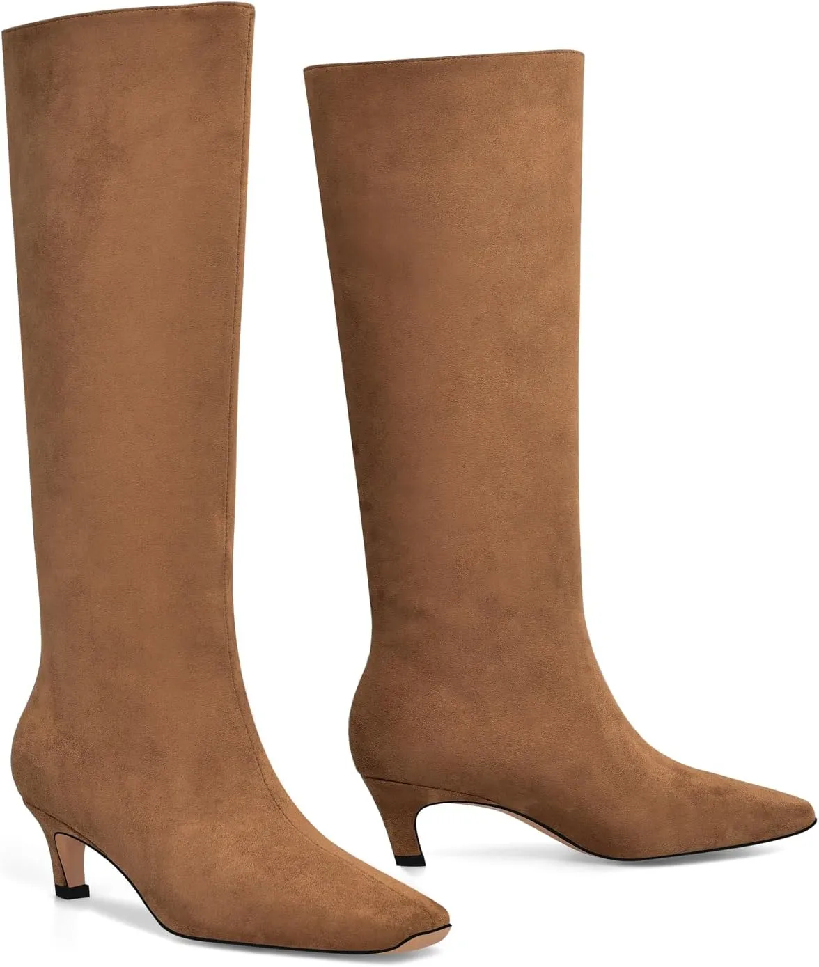 Adrizzlein Knee High Boots Women Kitten Heel Square Toe Tall Boots Wide Calf Pull On Long Boots