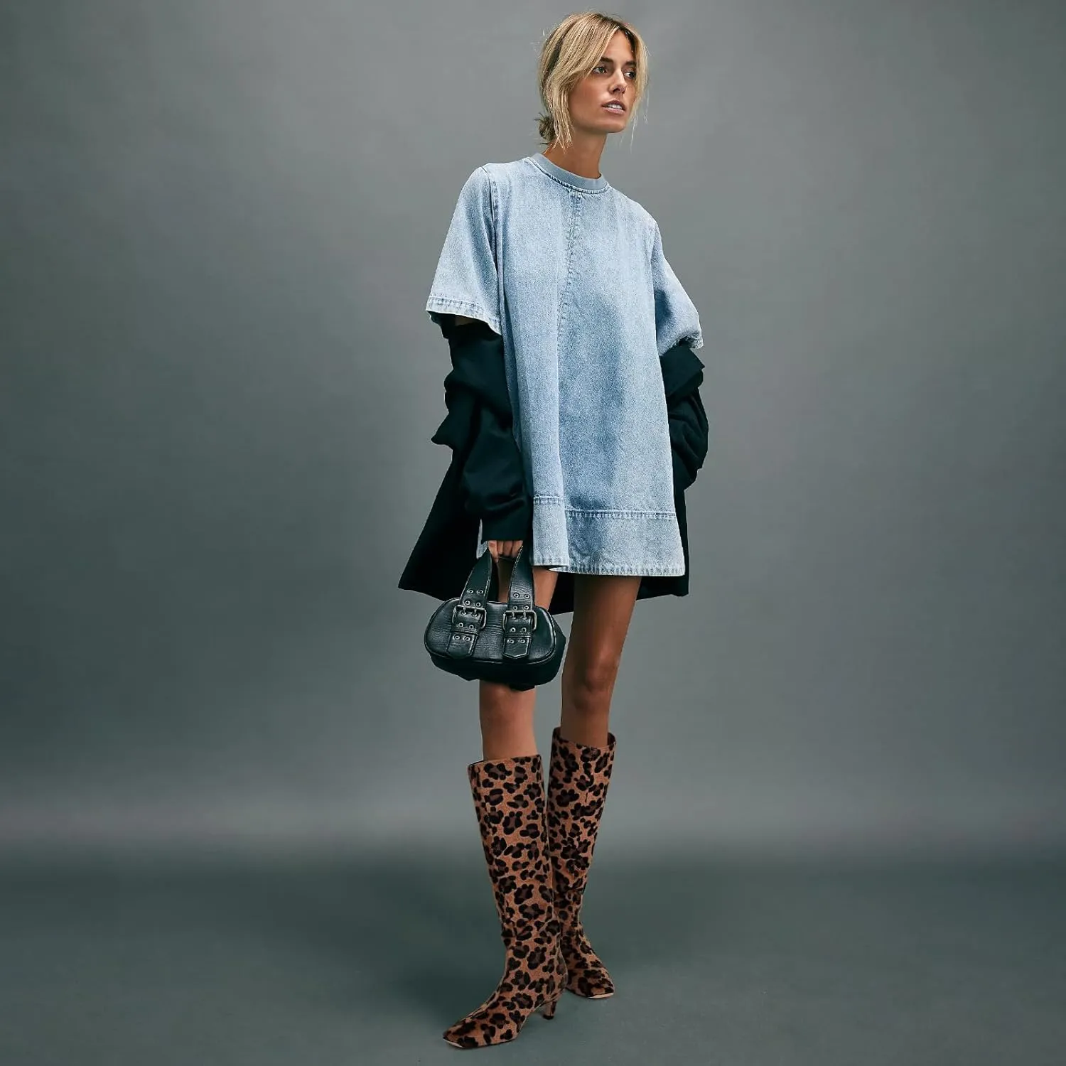 Adrizzlein Knee High Boots Women Kitten Heel Square Toe Tall Boots Wide Calf Pull On Long Boots