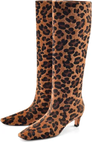 Adrizzlein Knee High Boots Women Kitten Heel Square Toe Tall Boots Wide Calf Pull On Long Boots