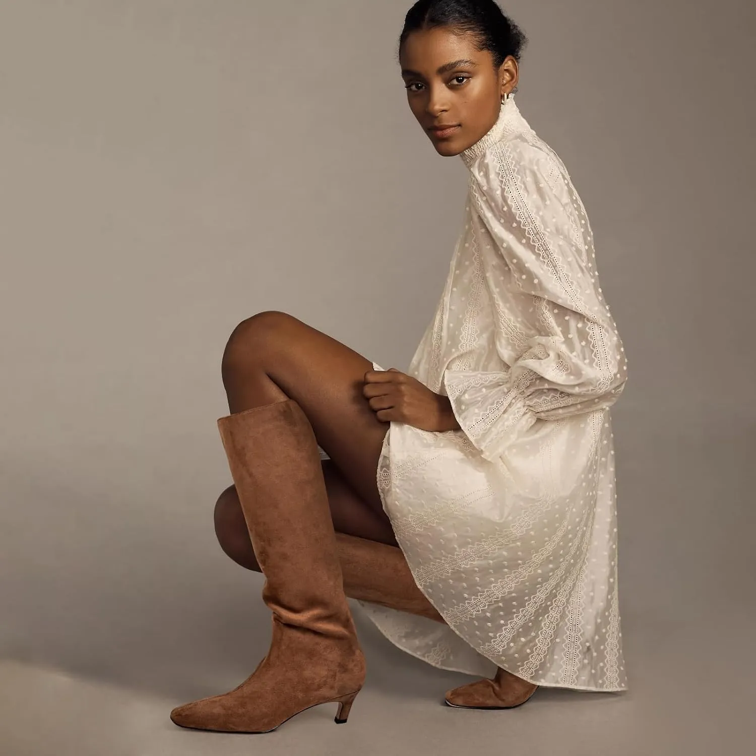 Adrizzlein Knee High Boots Women Kitten Heel Square Toe Tall Boots Wide Calf Pull On Long Boots