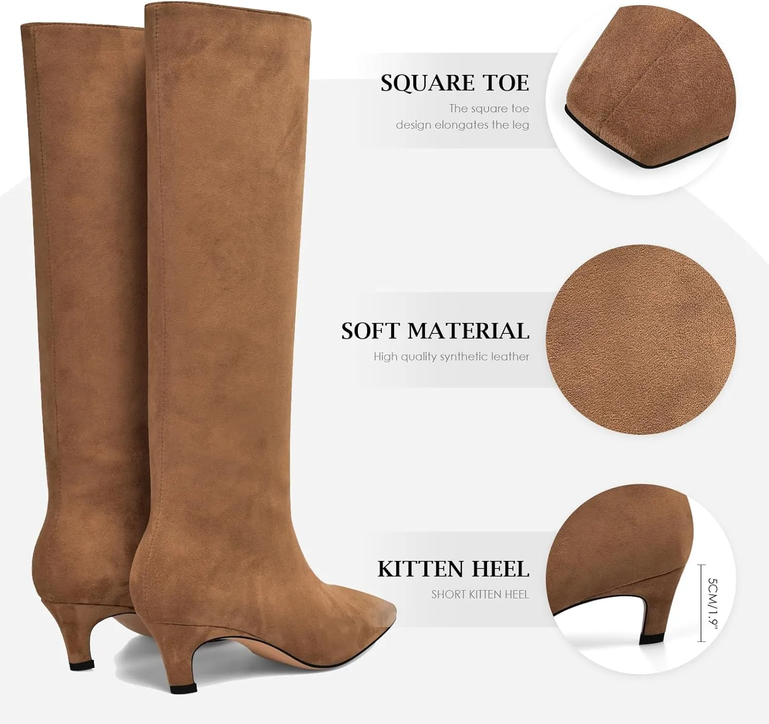 Adrizzlein Knee High Boots Women Kitten Heel Square Toe Tall Boots Wide Calf Pull On Long Boots