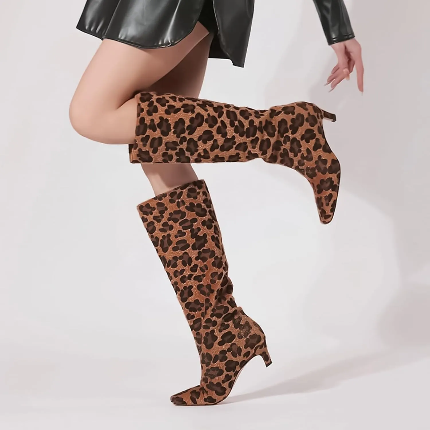 Adrizzlein Knee High Boots Women Kitten Heel Square Toe Tall Boots Wide Calf Pull On Long Boots