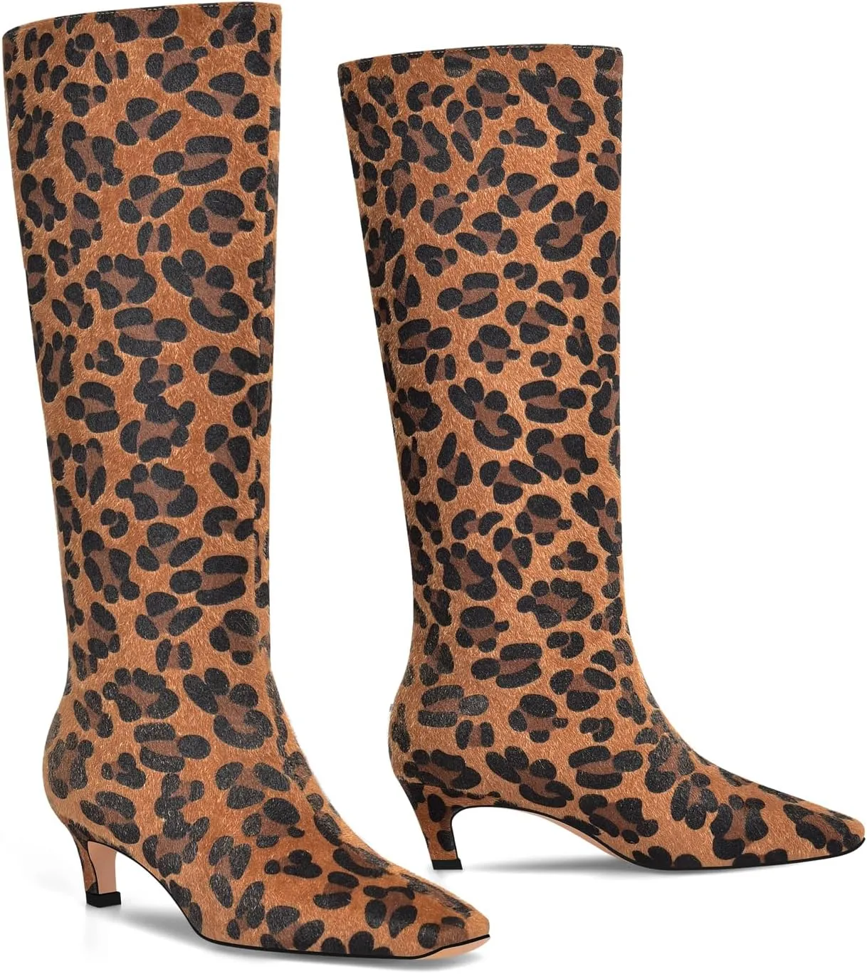 Adrizzlein Knee High Boots Women Kitten Heel Square Toe Tall Boots Wide Calf Pull On Long Boots
