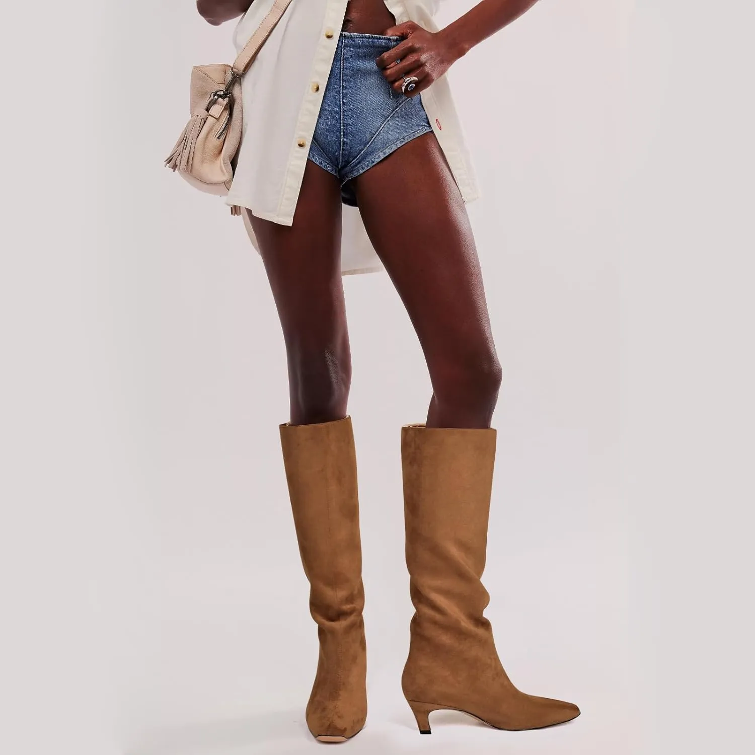 Adrizzlein Knee High Boots Women Kitten Heel Square Toe Tall Boots Wide Calf Pull On Long Boots