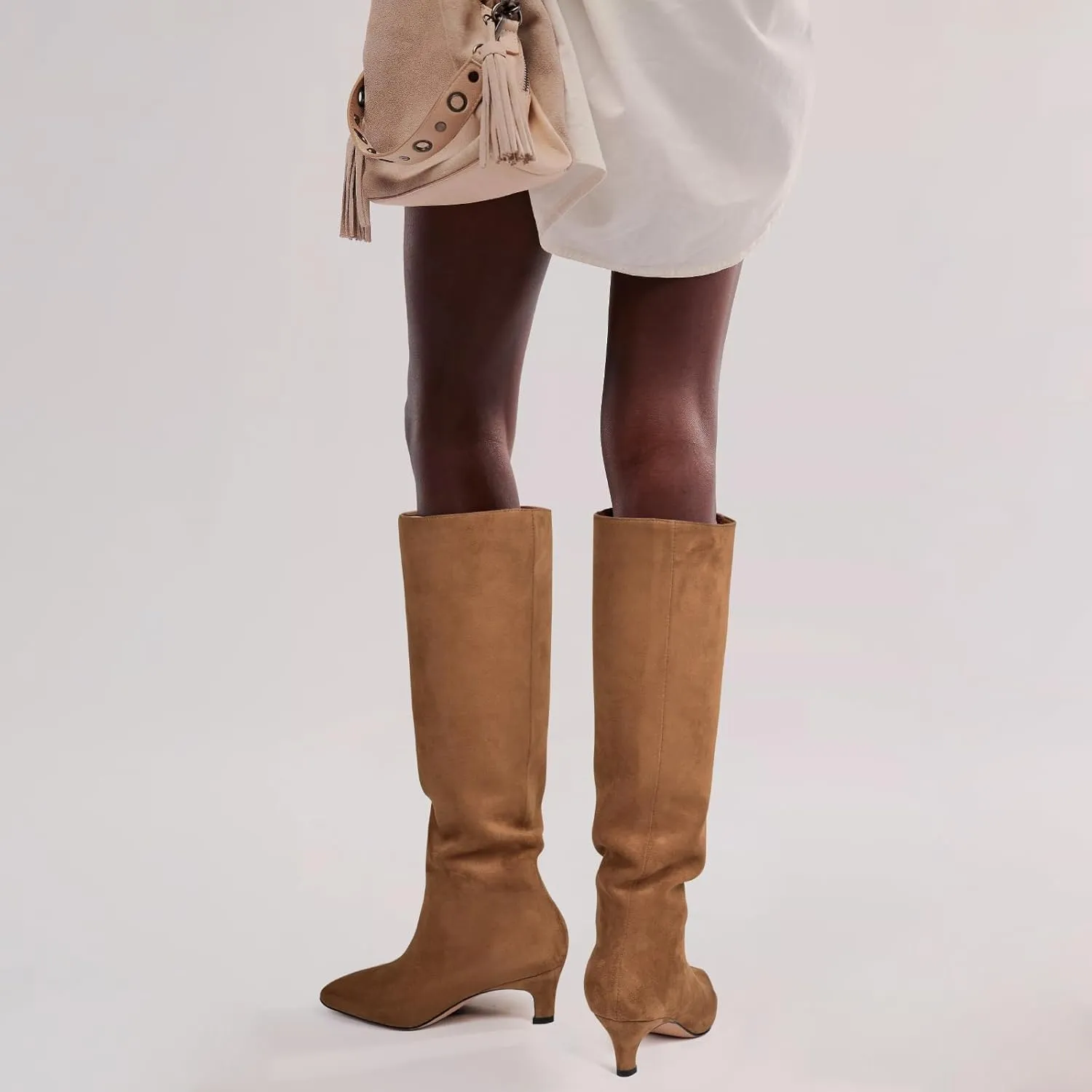 Adrizzlein Knee High Boots Women Kitten Heel Square Toe Tall Boots Wide Calf Pull On Long Boots