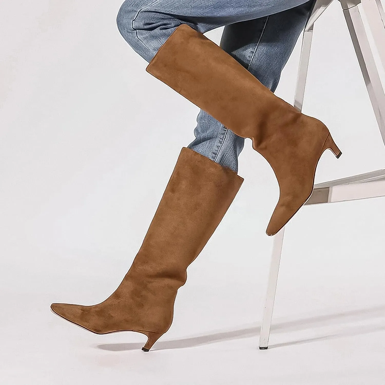 Adrizzlein Knee High Boots Women Kitten Heel Square Toe Tall Boots Wide Calf Pull On Long Boots