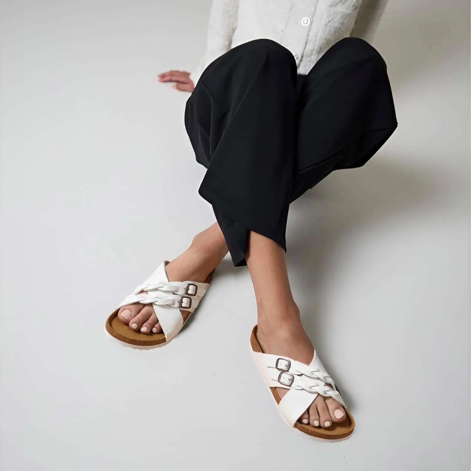 AEROTHOTIC Womens Slides - Soft Cork Footbed Sandals Women - Comfortable Walking Slip-on Flat Sandals - Arch Support Recovery Adjustable Buckle Leather Braided Straps Slipper 2025