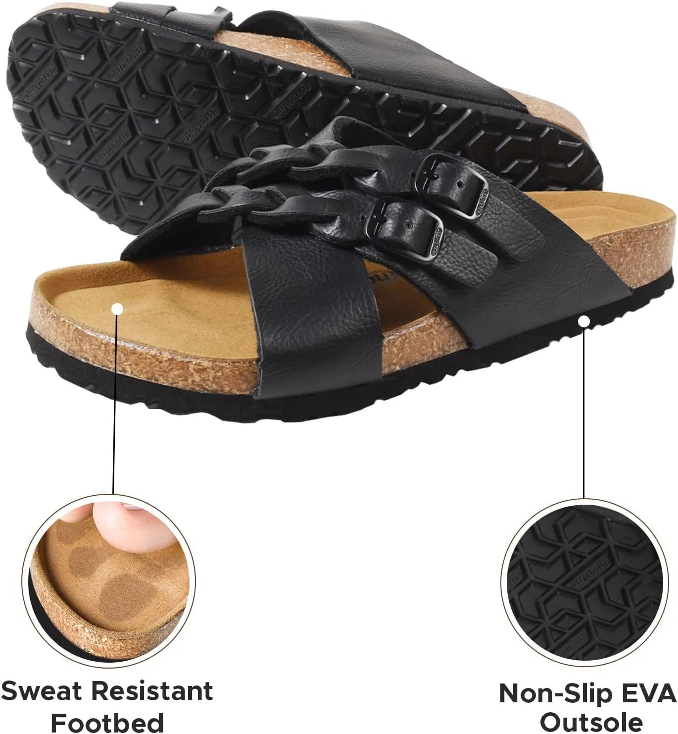 AEROTHOTIC Womens Slides - Soft Cork Footbed Sandals Women - Comfortable Walking Slip-on Flat Sandals - Arch Support Recovery Adjustable Buckle Leather Braided Straps Slipper 2025