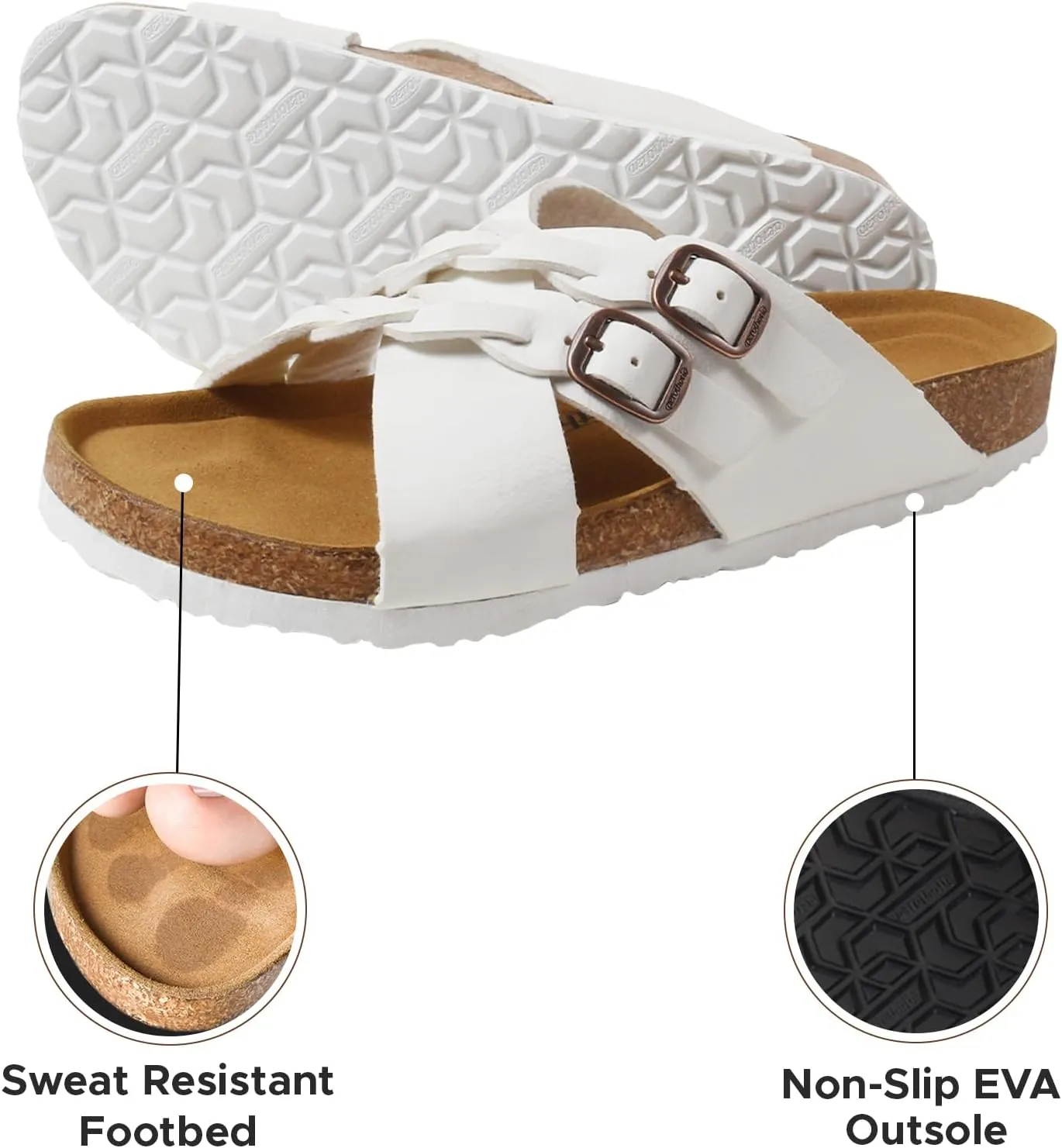 AEROTHOTIC Womens Slides - Soft Cork Footbed Sandals Women - Comfortable Walking Slip-on Flat Sandals - Arch Support Recovery Adjustable Buckle Leather Braided Straps Slipper 2025