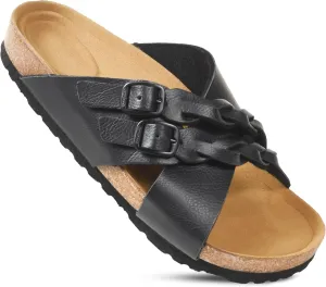 AEROTHOTIC Womens Slides - Soft Cork Footbed Sandals Women - Comfortable Walking Slip-on Flat Sandals - Arch Support Recovery Adjustable Buckle Leather Braided Straps Slipper 2025