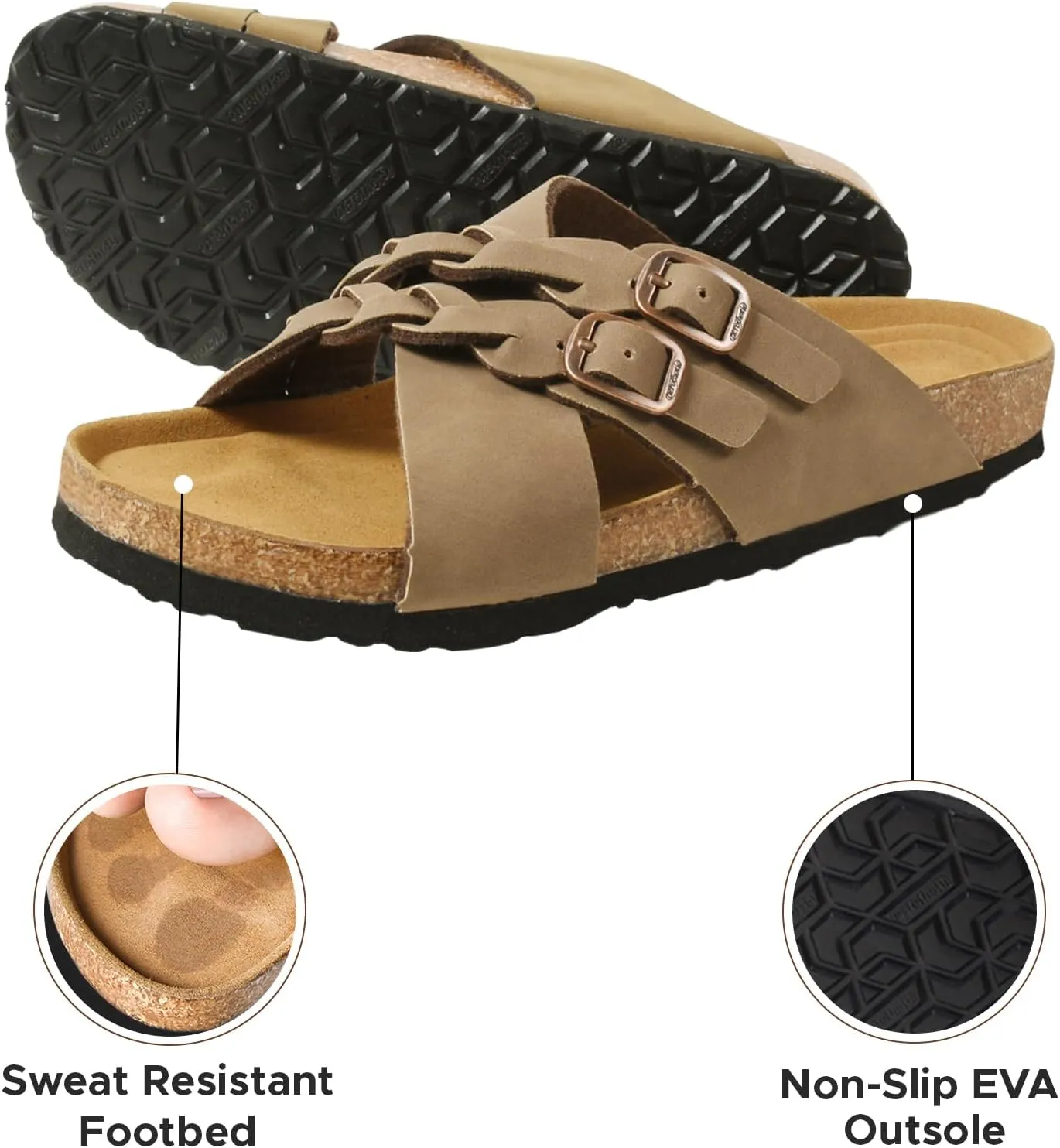 AEROTHOTIC Womens Slides - Soft Cork Footbed Sandals Women - Comfortable Walking Slip-on Flat Sandals - Arch Support Recovery Adjustable Buckle Leather Braided Straps Slipper 2025