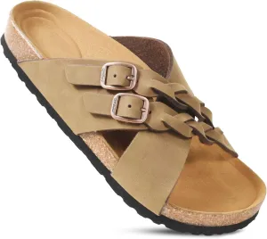 AEROTHOTIC Womens Slides - Soft Cork Footbed Sandals Women - Comfortable Walking Slip-on Flat Sandals - Arch Support Recovery Adjustable Buckle Leather Braided Straps Slipper 2025