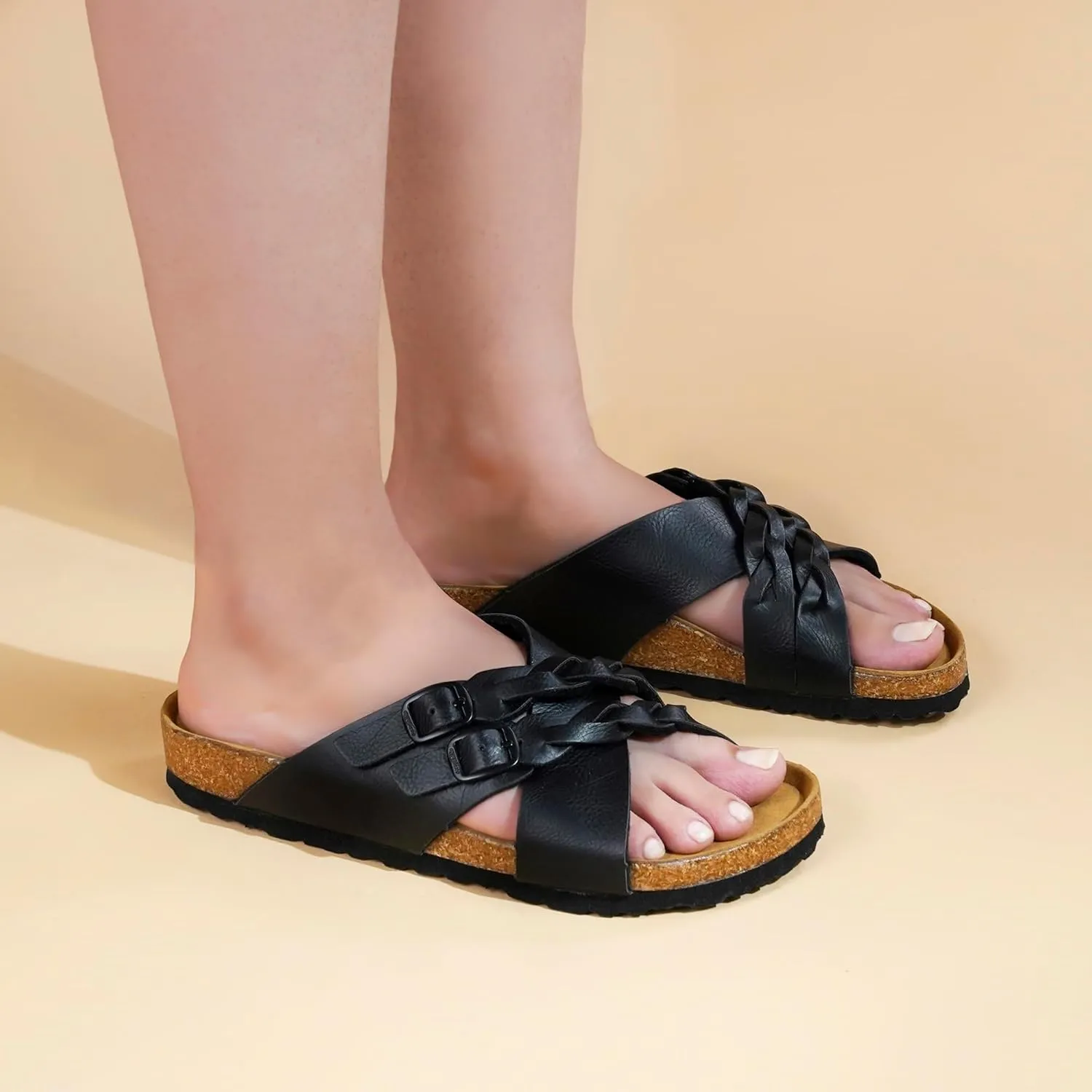 AEROTHOTIC Womens Slides - Soft Cork Footbed Sandals Women - Comfortable Walking Slip-on Flat Sandals - Arch Support Recovery Adjustable Buckle Leather Braided Straps Slipper 2025