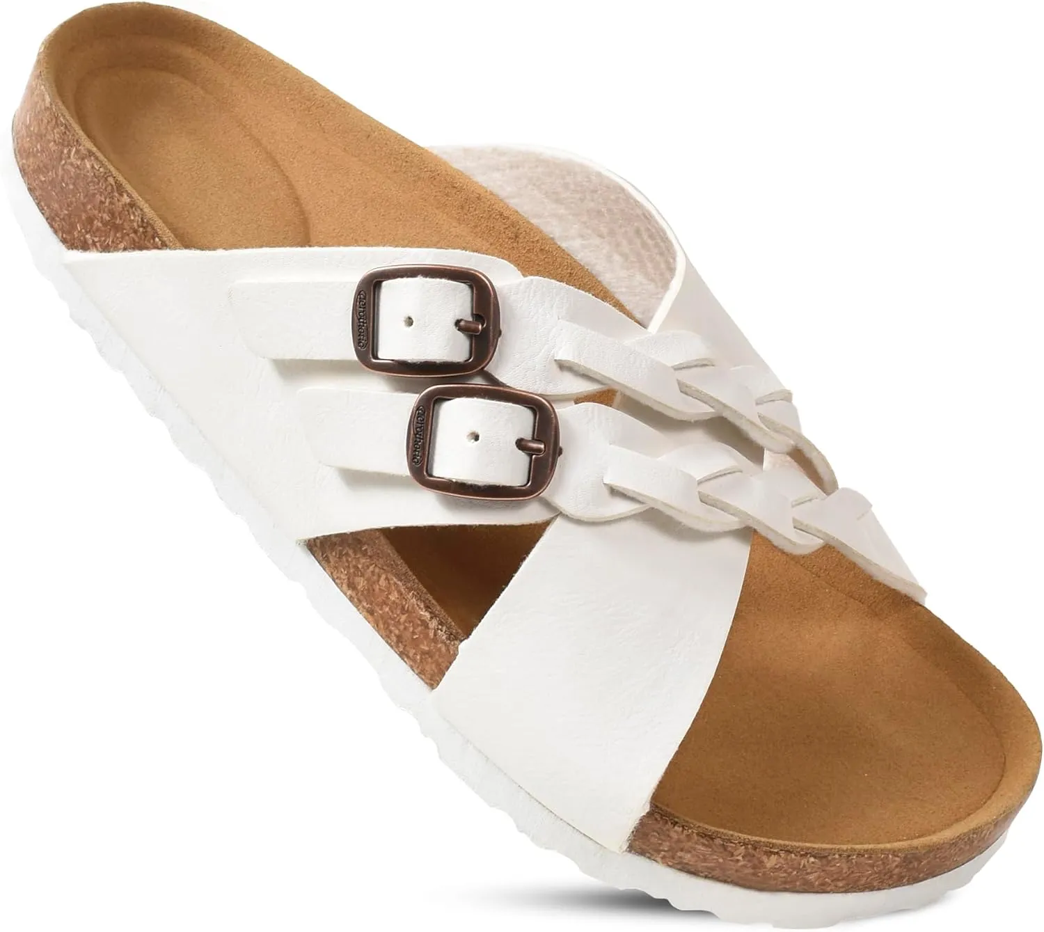AEROTHOTIC Womens Slides - Soft Cork Footbed Sandals Women - Comfortable Walking Slip-on Flat Sandals - Arch Support Recovery Adjustable Buckle Leather Braided Straps Slipper 2025