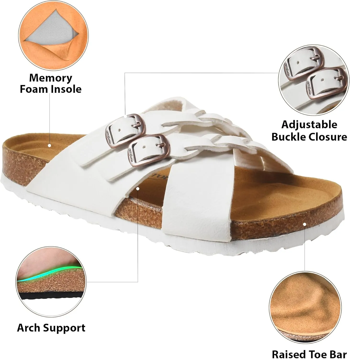 AEROTHOTIC Womens Slides - Soft Cork Footbed Sandals Women - Comfortable Walking Slip-on Flat Sandals - Arch Support Recovery Adjustable Buckle Leather Braided Straps Slipper 2025