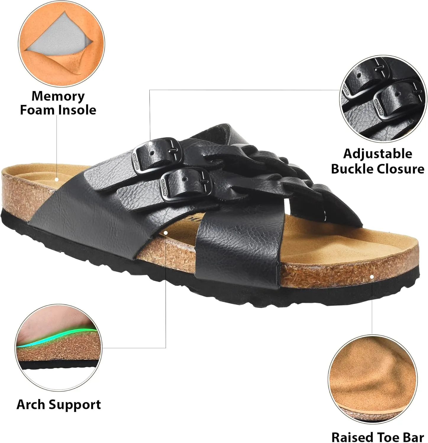 AEROTHOTIC Womens Slides - Soft Cork Footbed Sandals Women - Comfortable Walking Slip-on Flat Sandals - Arch Support Recovery Adjustable Buckle Leather Braided Straps Slipper 2025