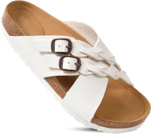 AEROTHOTIC Womens Slides - Soft Cork Footbed Sandals Women - Comfortable Walking Slip-on Flat Sandals - Arch Support Recovery Adjustable Buckle Leather Braided Straps Slipper 2025