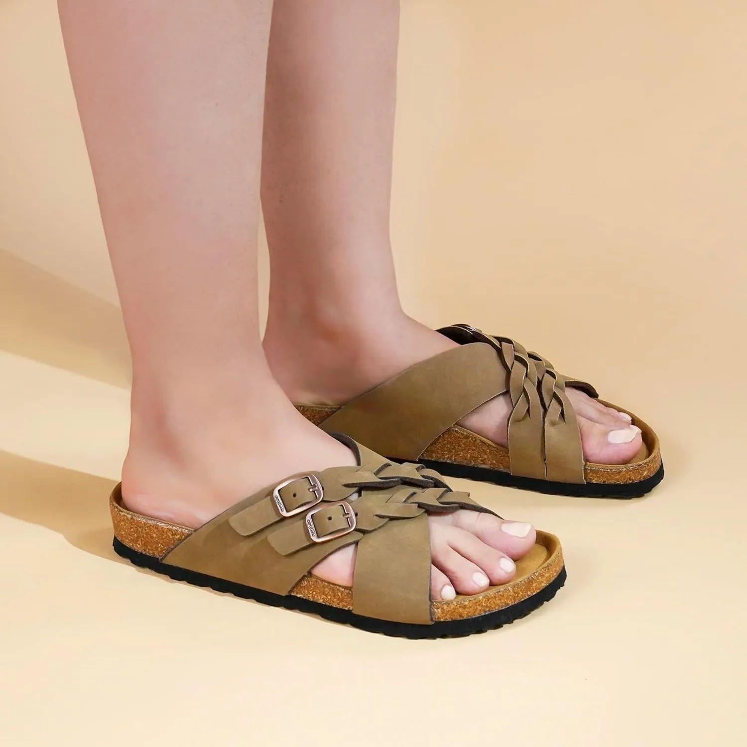 AEROTHOTIC Womens Slides - Soft Cork Footbed Sandals Women - Comfortable Walking Slip-on Flat Sandals - Arch Support Recovery Adjustable Buckle Leather Braided Straps Slipper 2025
