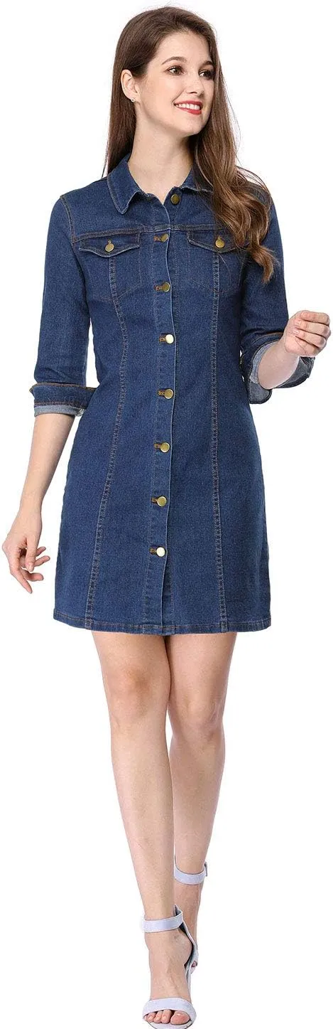 Allegra K Women's 3/4 Sleeve Button Down Denim Dress