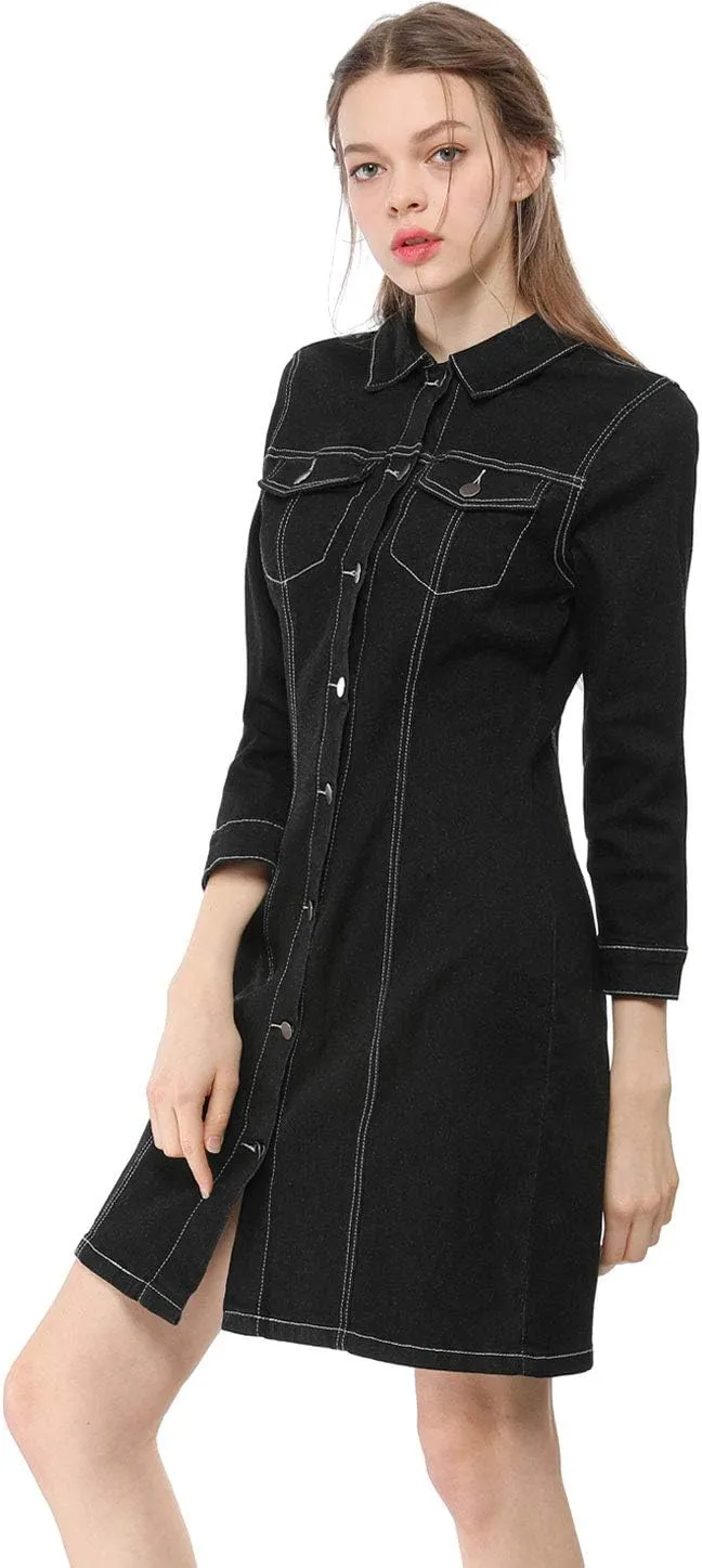 Allegra K Women's 3/4 Sleeve Button Down Denim Dress