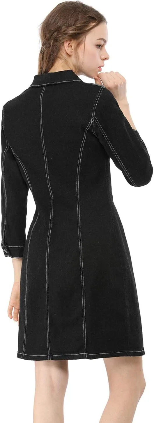 Allegra K Women's 3/4 Sleeve Button Down Denim Dress