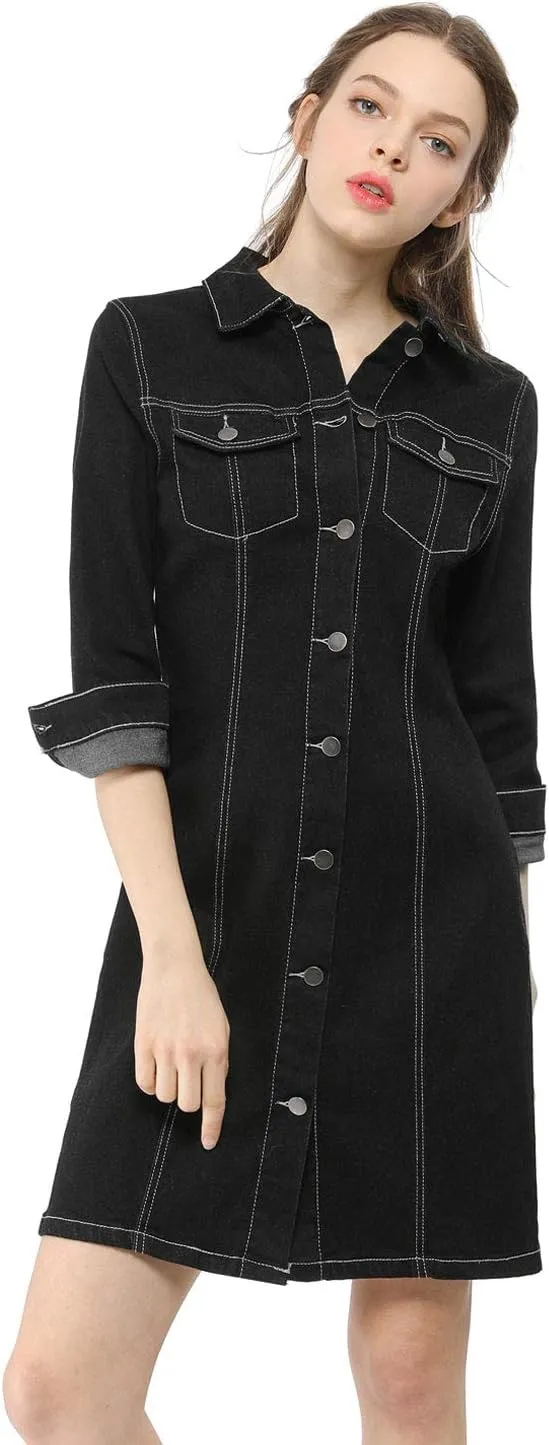 Allegra K Women's 3/4 Sleeve Button Down Denim Dress