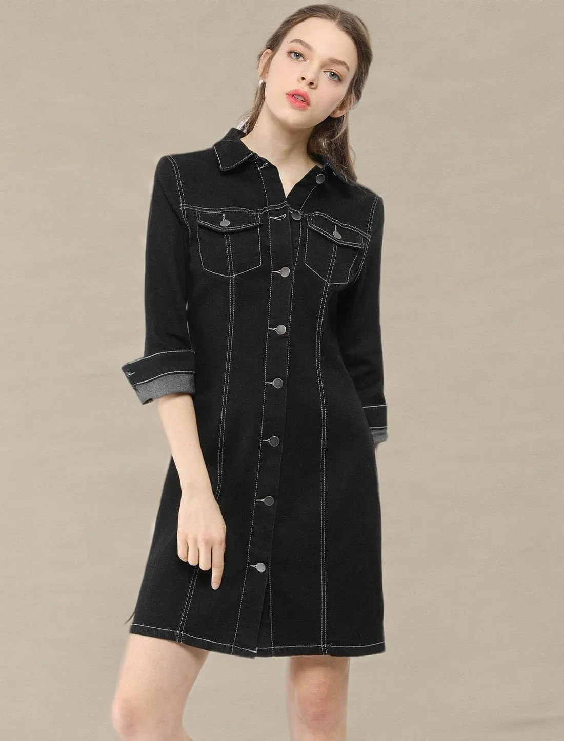 Allegra K Women's 3/4 Sleeve Button Down Denim Dress