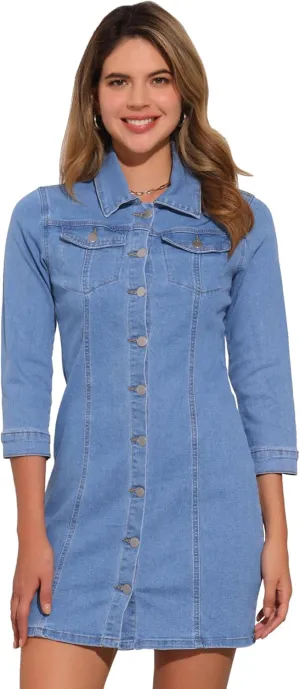 Allegra K Women's 3/4 Sleeve Button Down Denim Dress