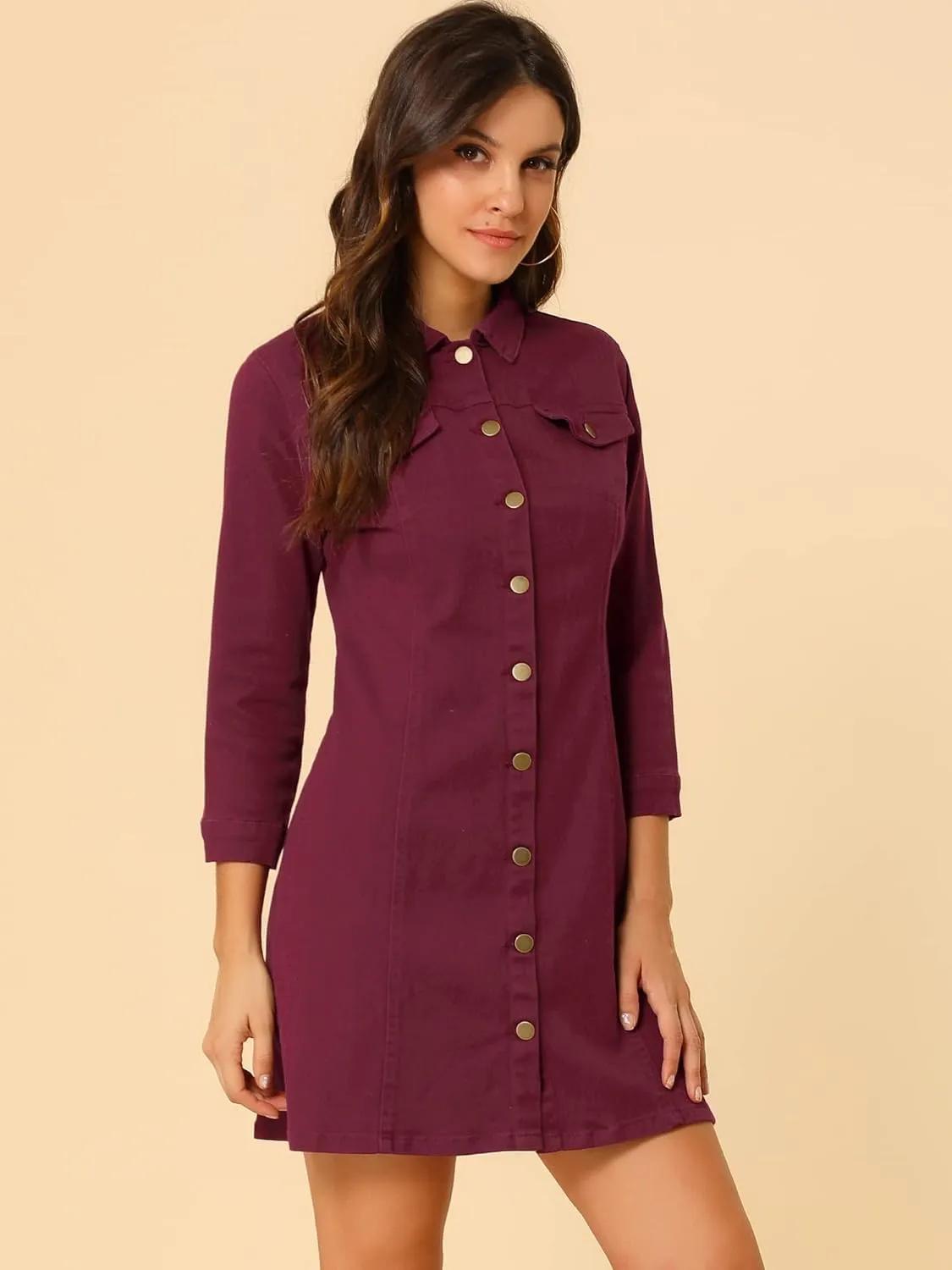 Allegra K Women's 3/4 Sleeve Button Down Denim Dress