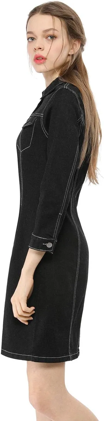 Allegra K Women's 3/4 Sleeve Button Down Denim Dress