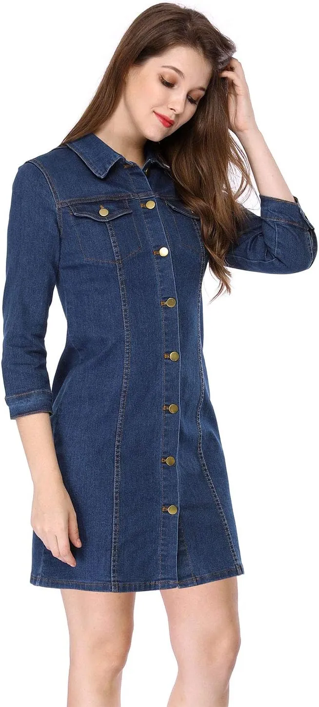 Allegra K Women's 3/4 Sleeve Button Down Denim Dress