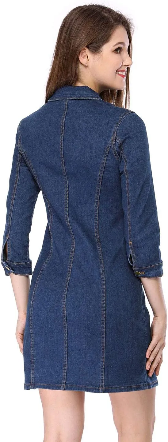 Allegra K Women's 3/4 Sleeve Button Down Denim Dress